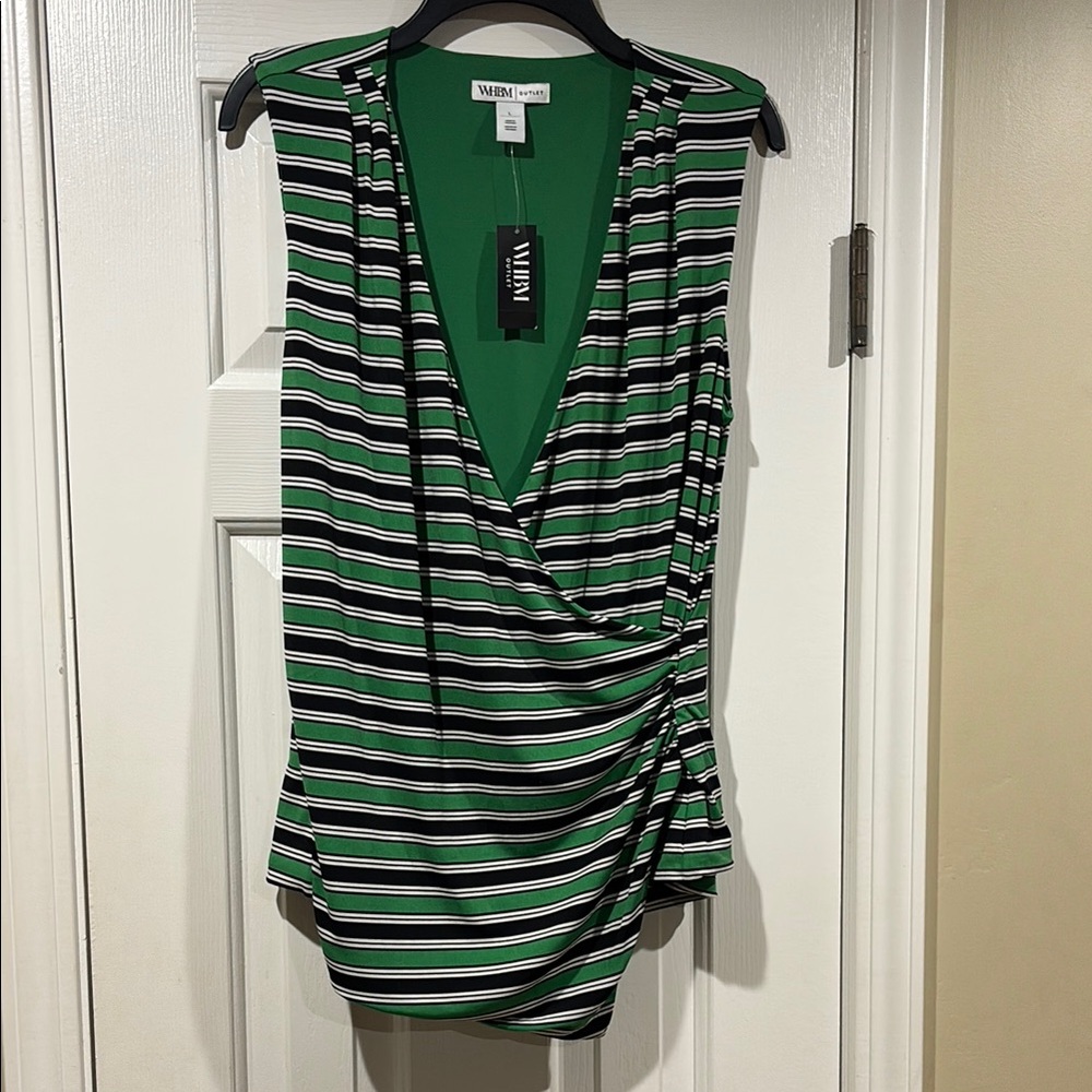 White House Black Market Green Asymmetrical Wrap Blouse